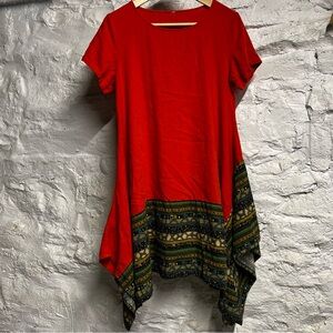 Square hemmed orange and patterned linen and cotton midi dress